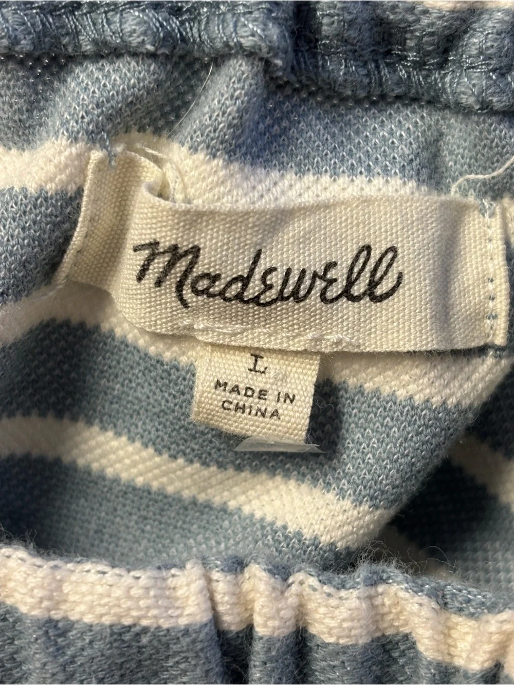 Madewell Striped Off-Shoulder Puff Sleeve Top in Blue and Cream Sz/L